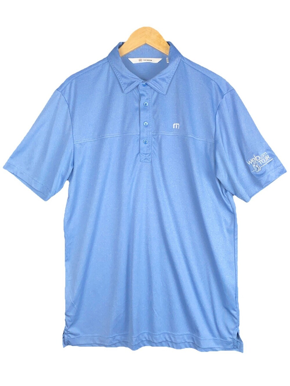 Travis Mathew Polo Shirt Men’s Sz. L. Blue Embroidered Logo Shot Sleeve Golf